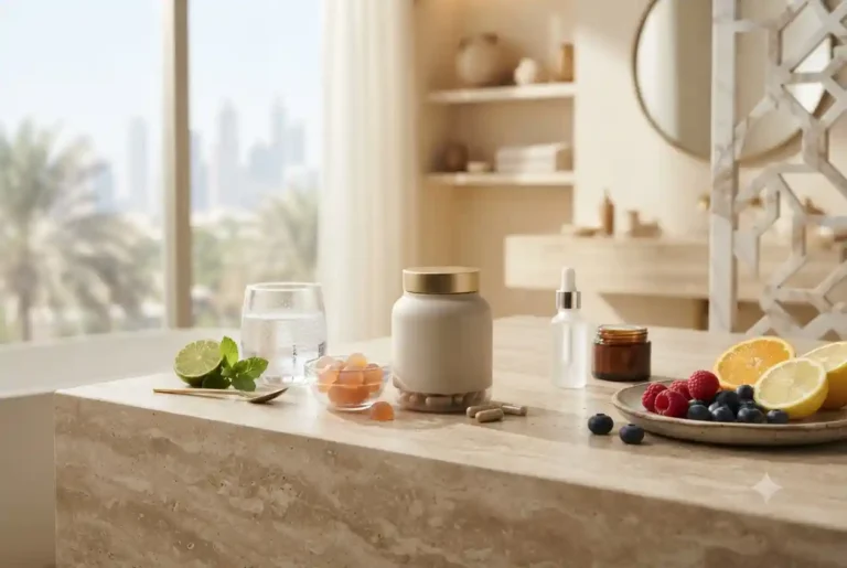 Beauty collagen supplements and skincare products arranged on a vanity
