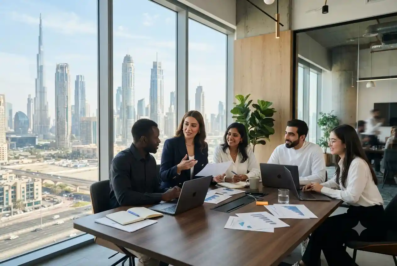 Entrepreneurs discussing profitable business opportunities in the UAE