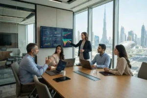 Digital marketing team comparing SEO advertising social media and content strategies