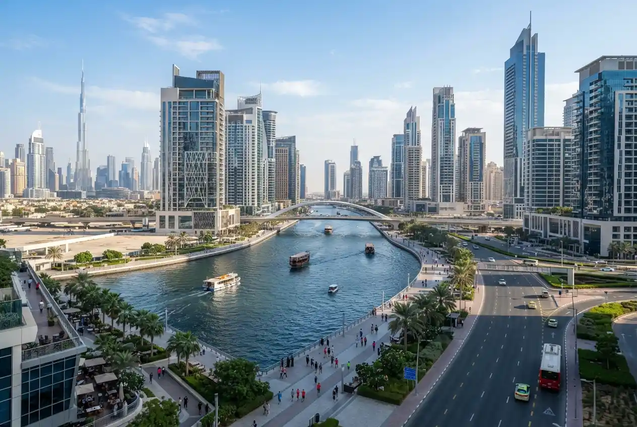 Business Bay Dubai skyline and modern business district near the Dubai Water Canal