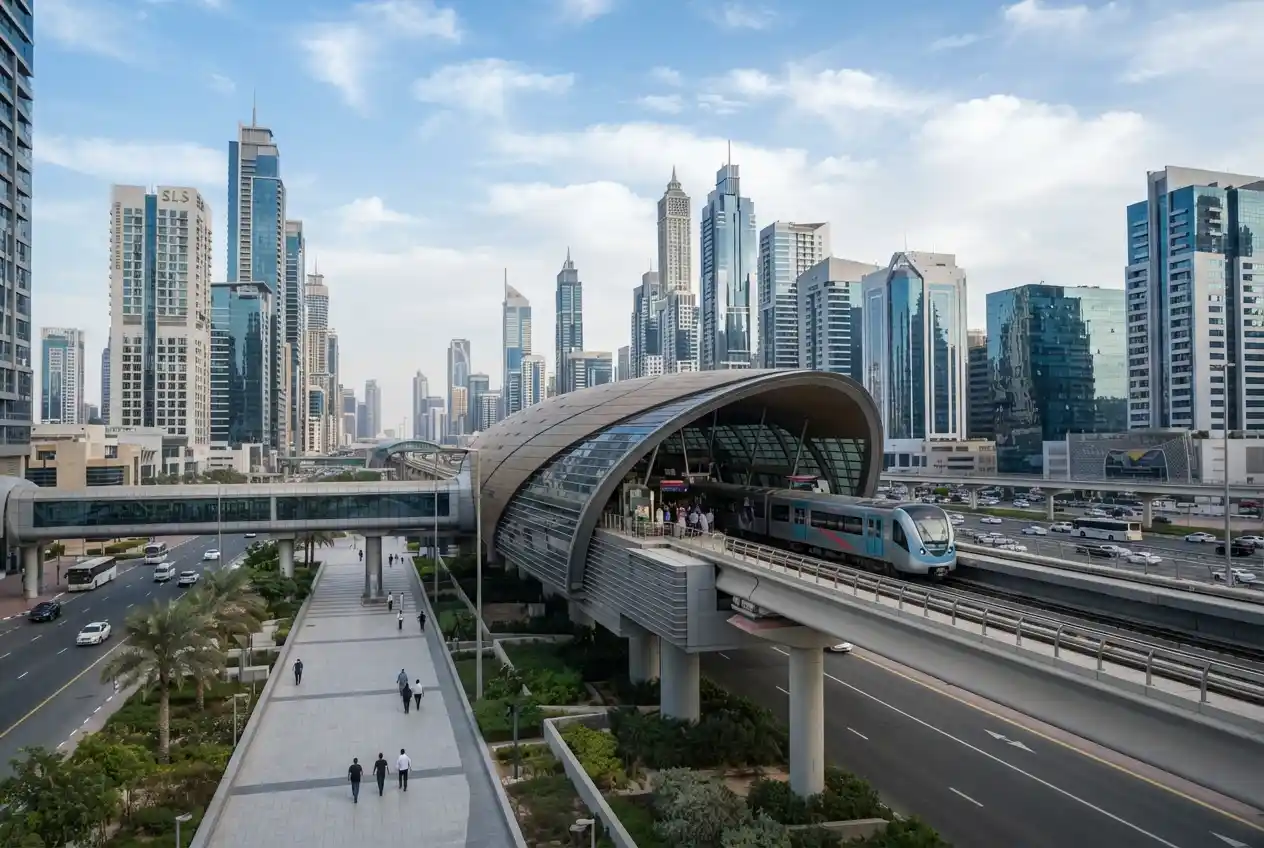 Business Bay Metro Station in Dubai with modern towers in the background