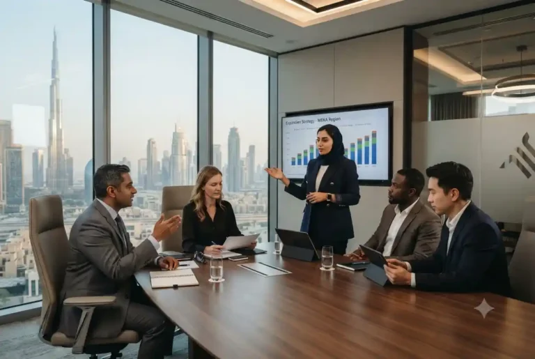 Business professionals planning company growth in a modern UAE office