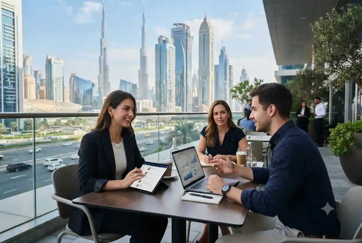 Business professionals managing online business listings for a UAE company.