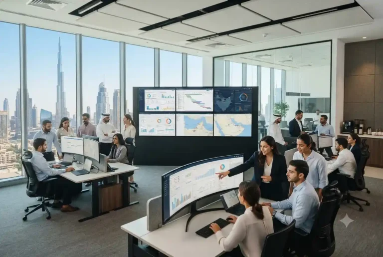 Business professionals managing operations and workflow in a modern UAE office