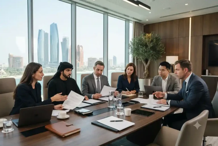 Business consultants advising entrepreneurs on company setup in Abu Dhabi