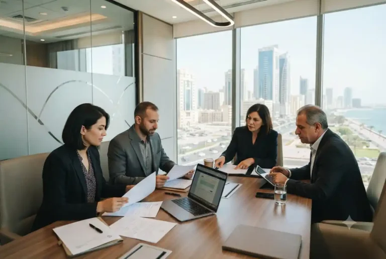 Entrepreneurs discussing business setup in Ajman with professional consultants