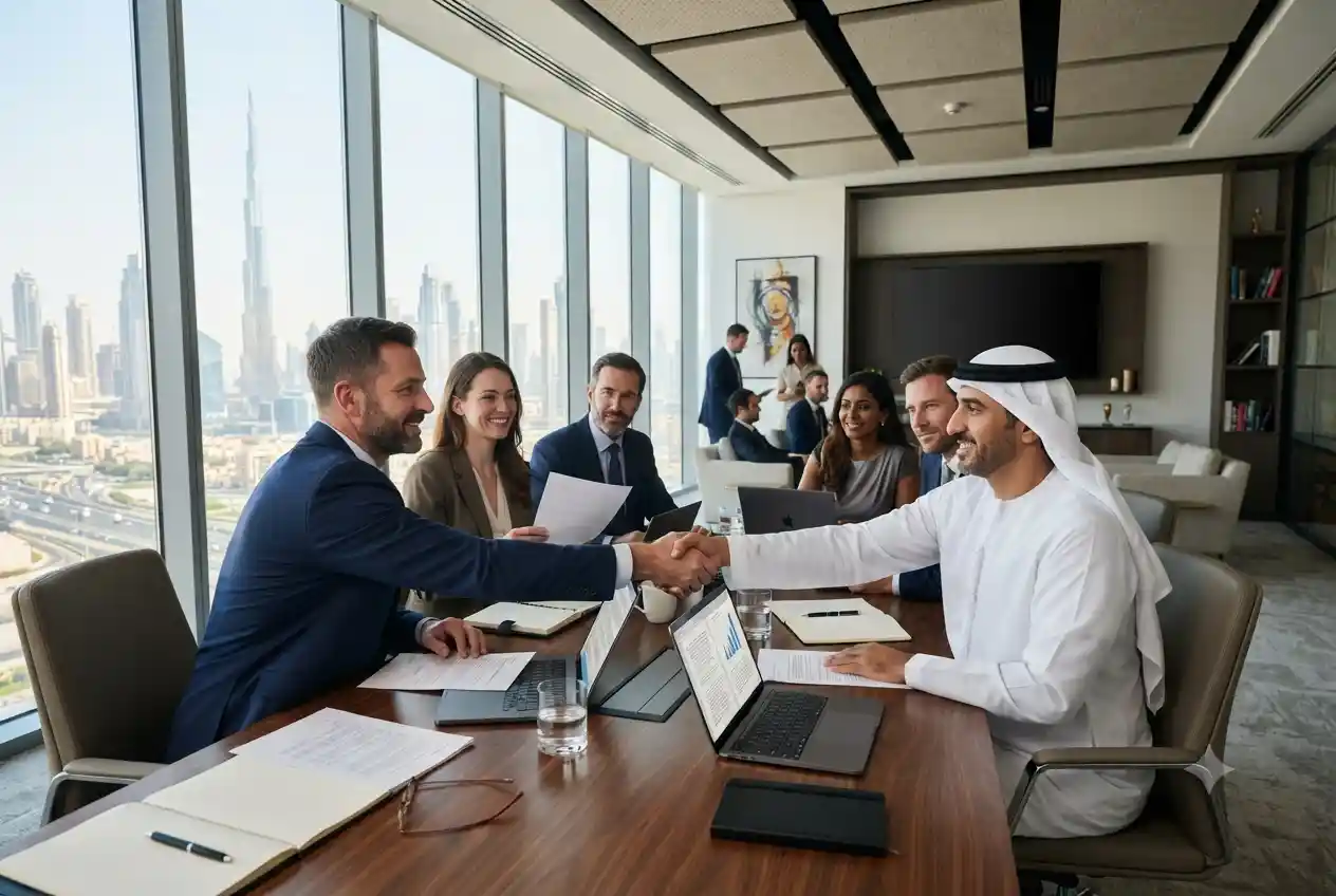 Entrepreneurs discussing business setup in Dubai mainland with consultants