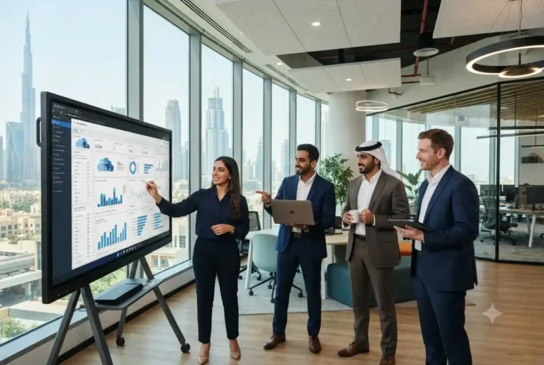 Business professionals using modern technology solutions in a UAE office