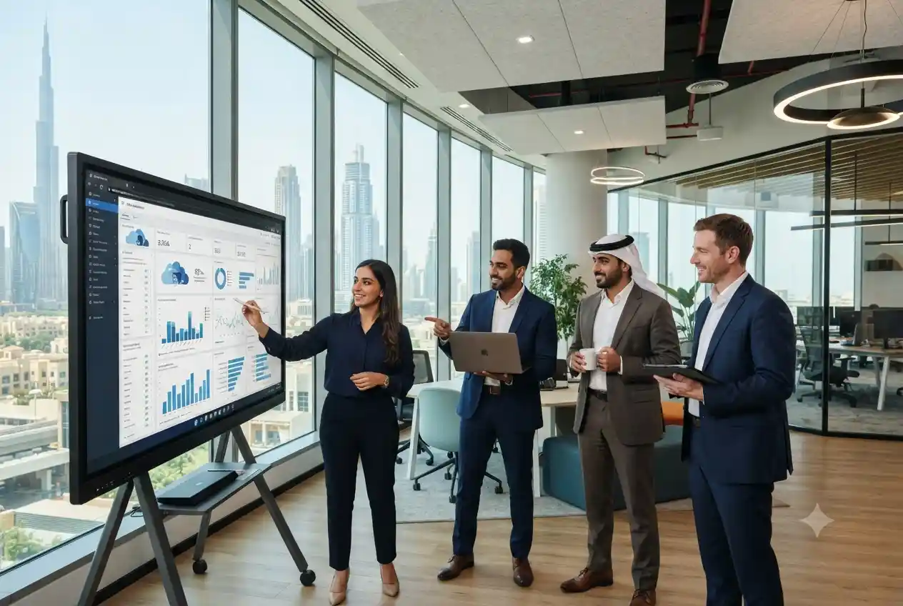 Business professionals using modern technology solutions in a UAE office