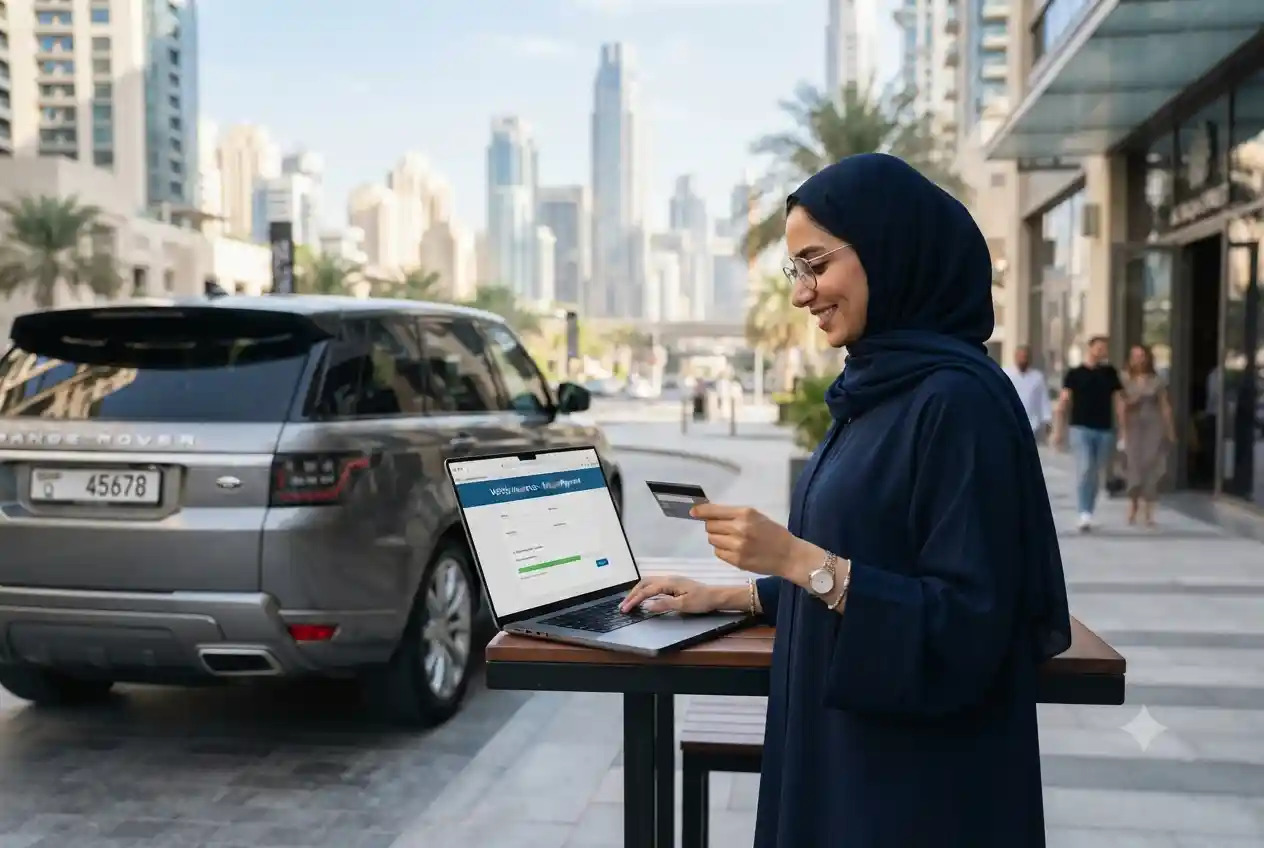 UAE driver purchasing vehicle insurance online beside a modern car.