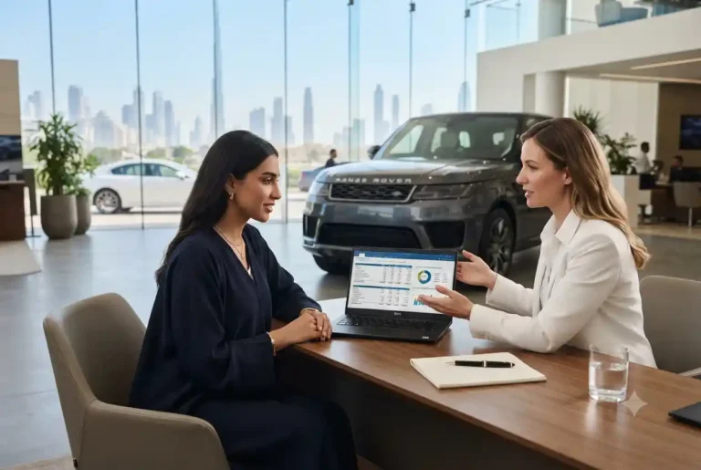 Customer calculating car loan EMI with a banking advisor in the UAE