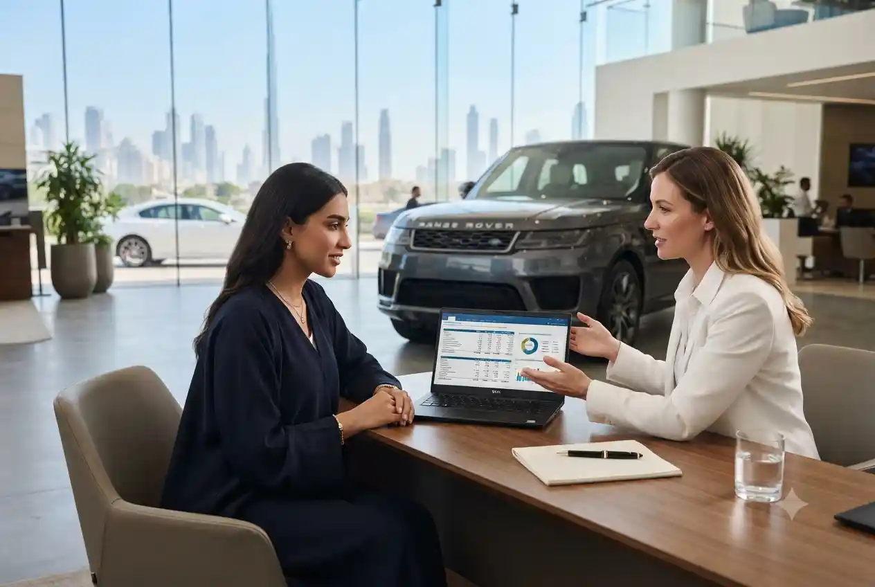 Customer calculating car loan EMI with a banking advisor in the UAE