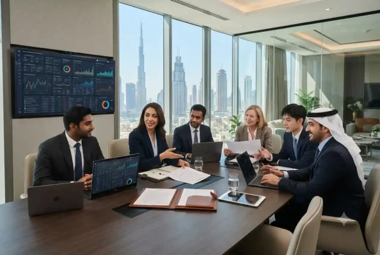 Business professionals discussing commercial services in a UAE corporate office
