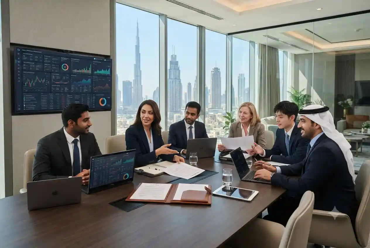 Business professionals discussing commercial services in a UAE corporate office