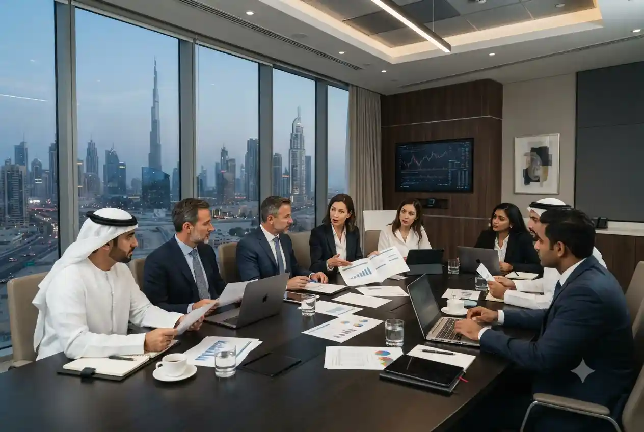 Corporate consultants meeting business executives in a modern UAE office