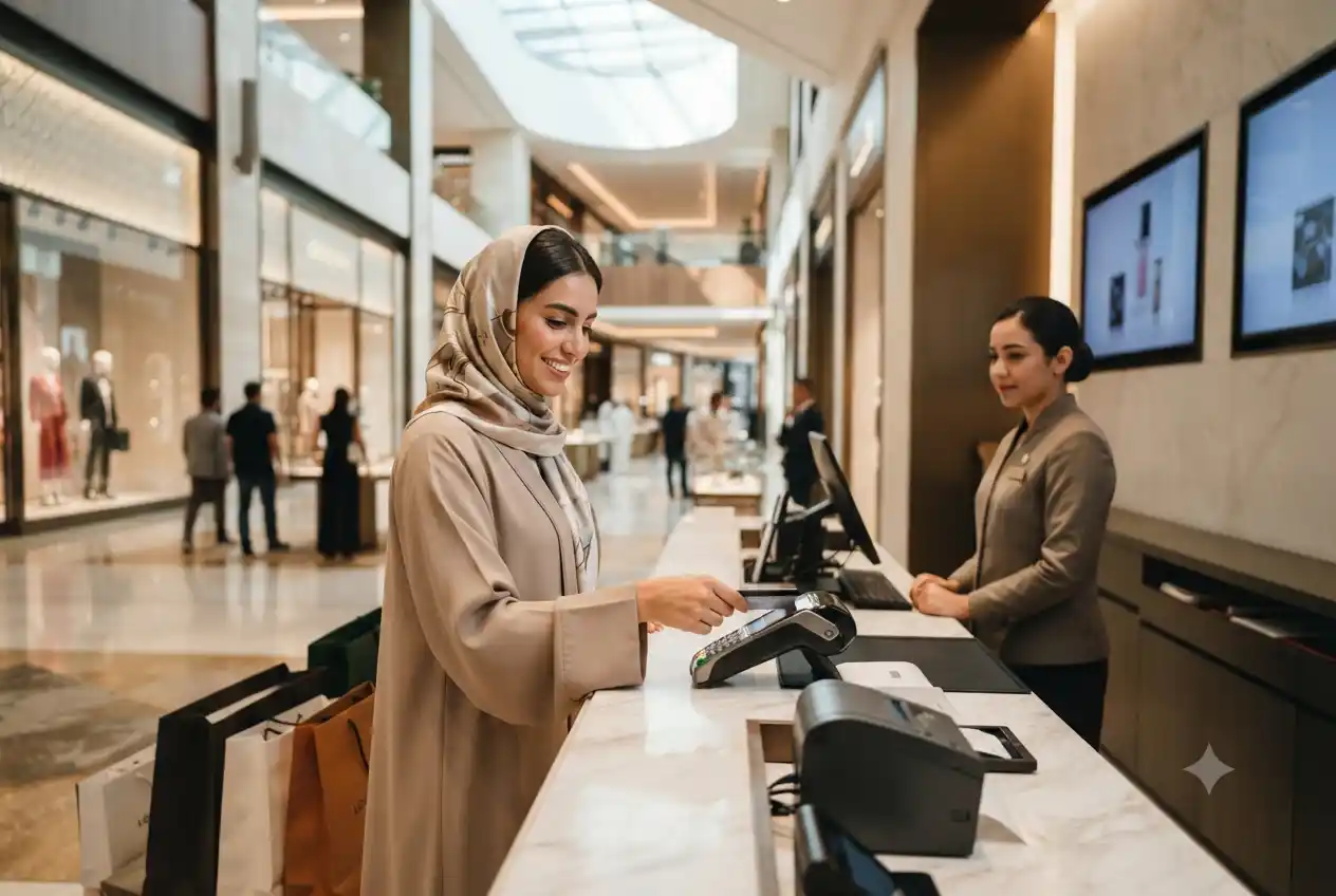 UAE shopper using a credit card to access shopping promotions and cashback offers