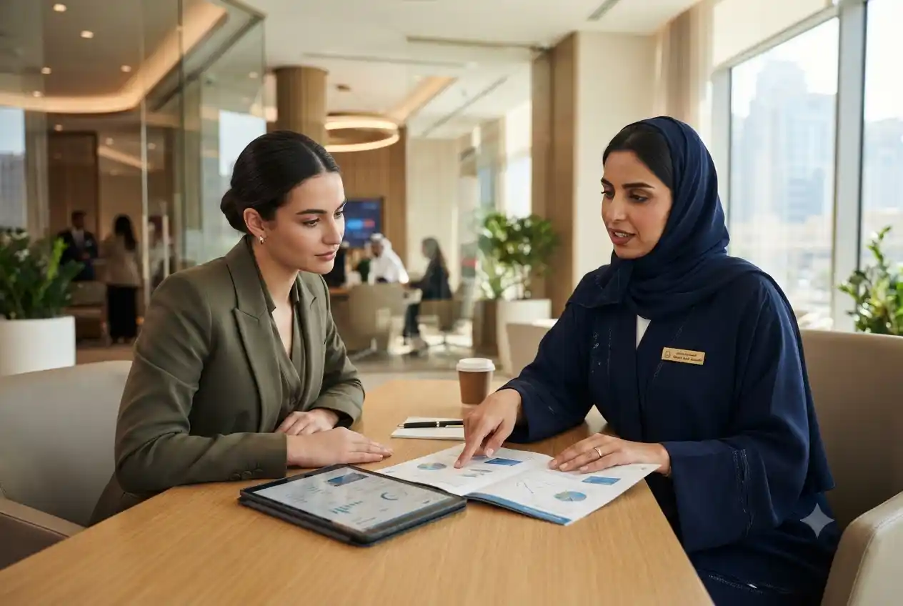 Banking advisor explaining credit card rules to a UAE resident