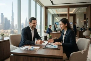 Professional discussing credit card without salary transfer options at a UAE bank