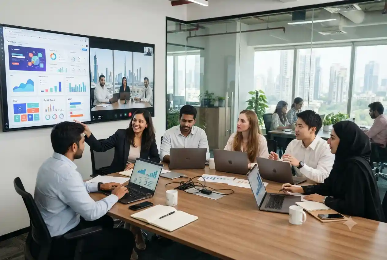 International digital marketing team working on campaigns for UAE businesses