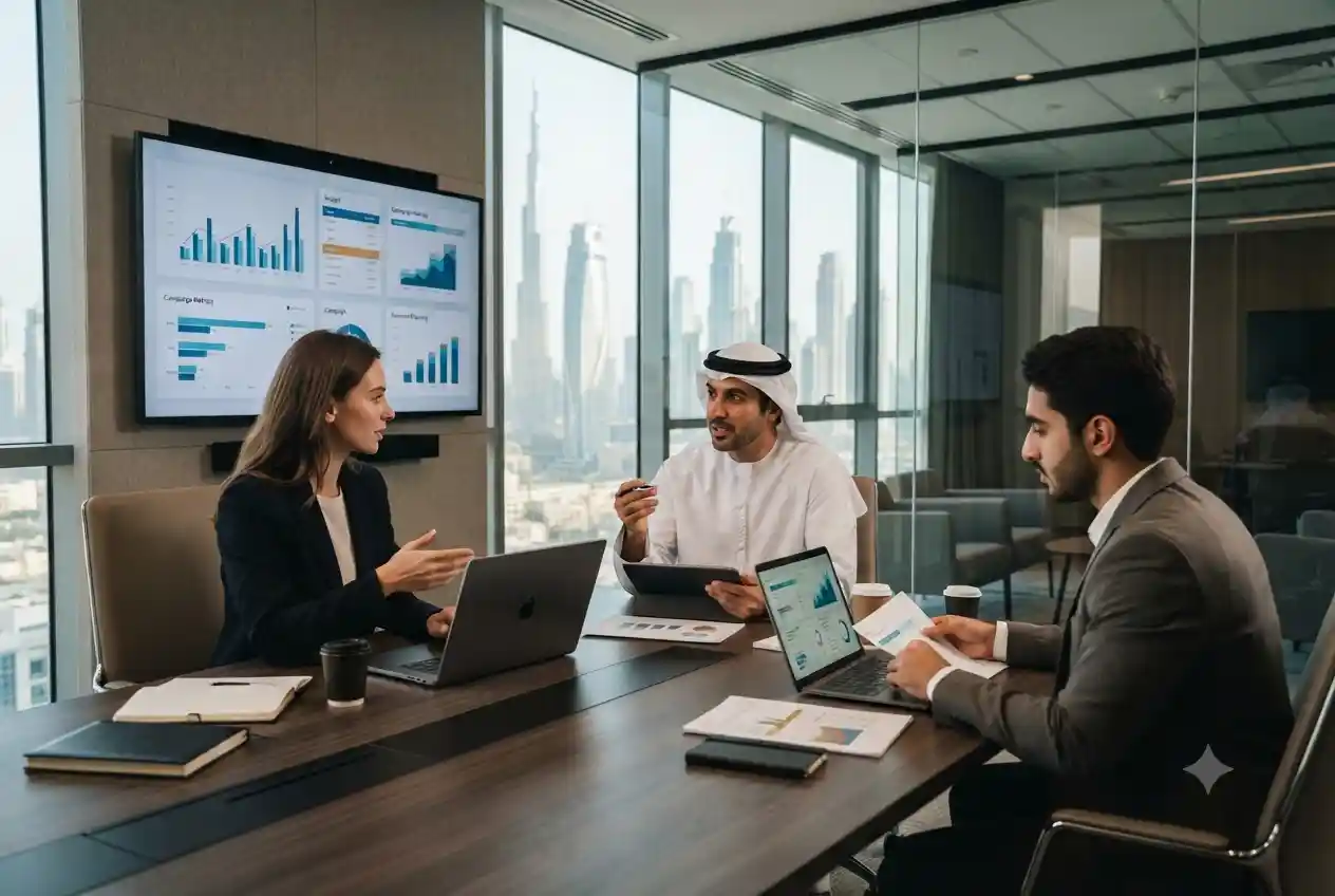UAE business professionals reviewing a digital marketing budget in Dubai