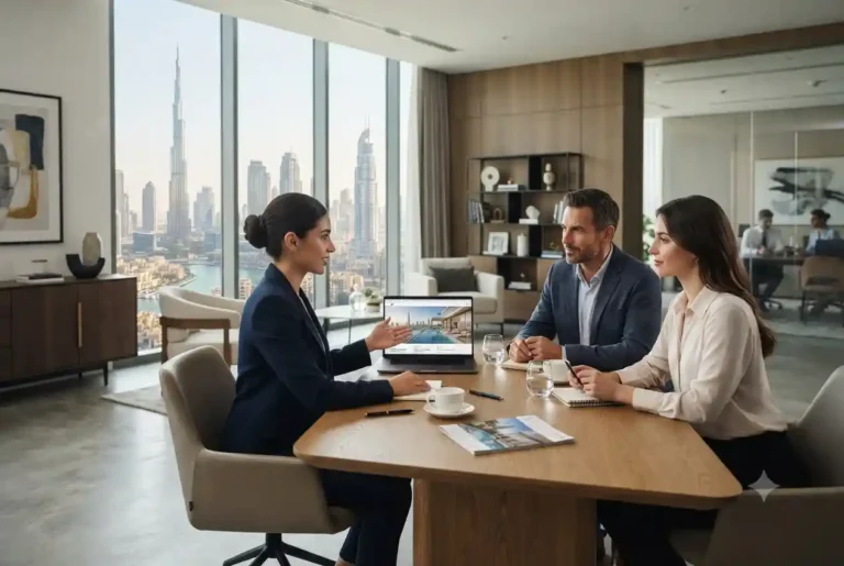 Real estate agent using digital marketing tools to promote property listings in the UAE.