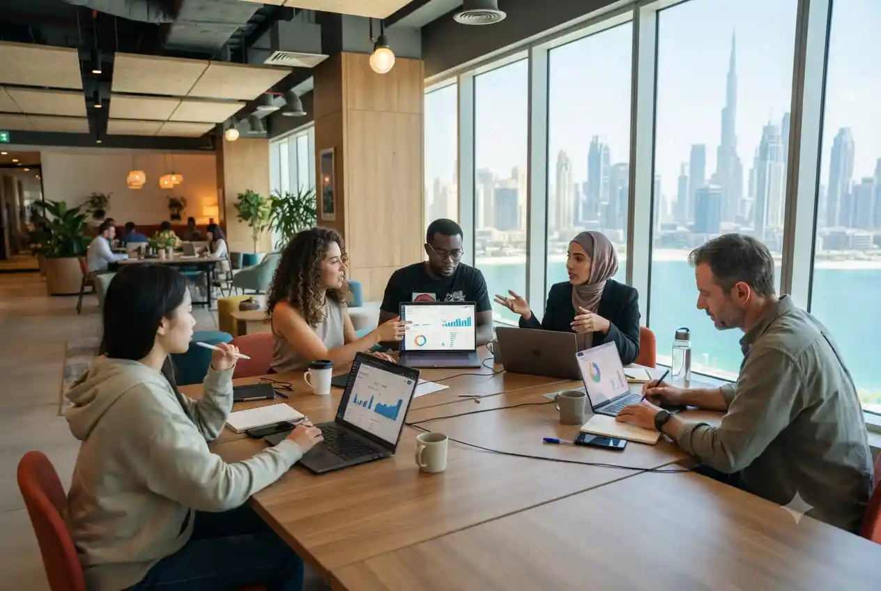 Startup founders planning a digital marketing strategy in a modern UAE office.