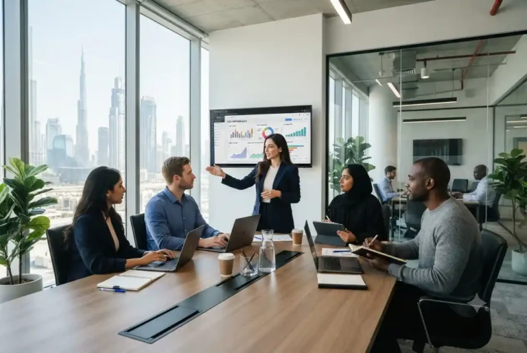 Digital marketing professionals working together in a modern UAE office.
