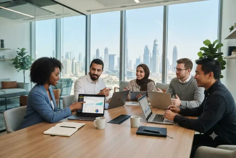 Digital marketing professionals working in a modern Dubai office.