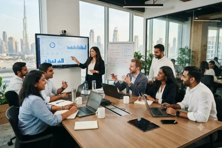 Professionals working in a modern office representing digital marketing jobs in UAE.