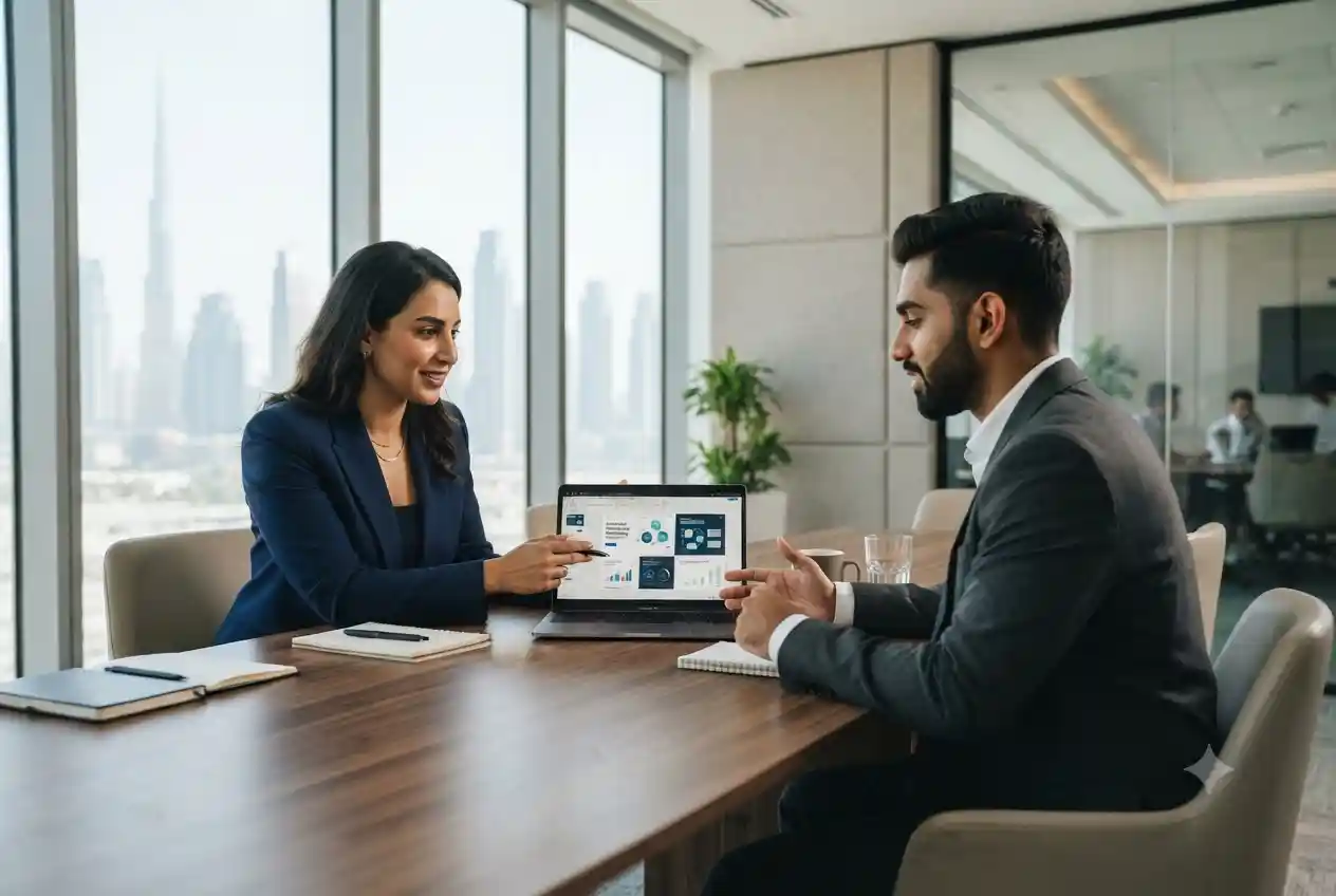 HR professionals interviewing a digital marketing candidate in a UAE office.