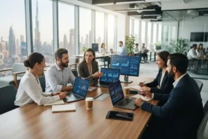Digital marketing professionals planning SEO advertising and content strategies