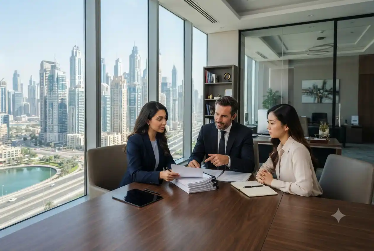Entrepreneurs planning a DMCC business setup in a modern Dubai office.