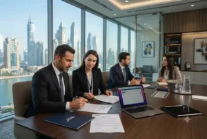 Business professionals completing DMCC company formation in a modern Dubai office.