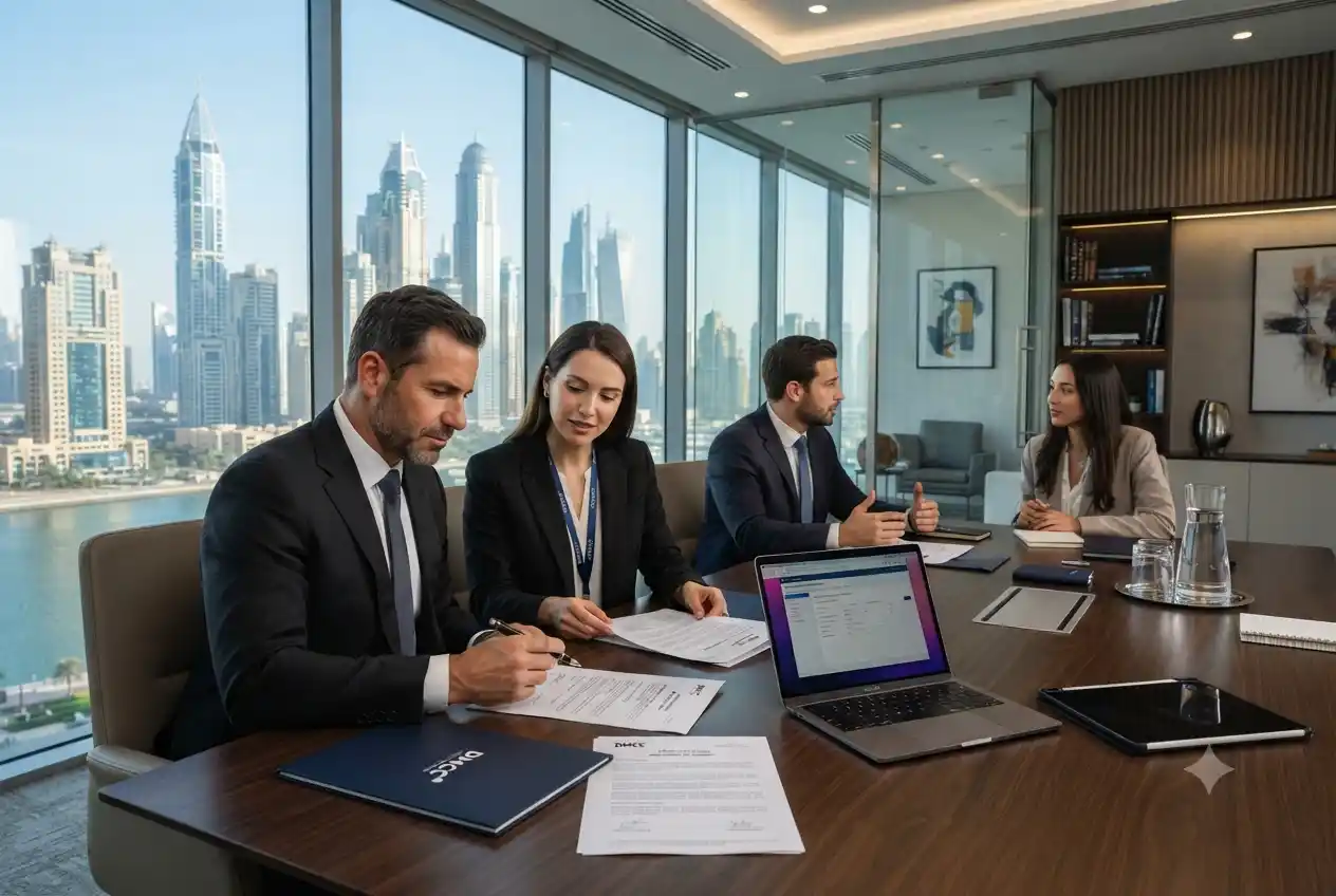 Business professionals completing DMCC company formation in a modern Dubai office.