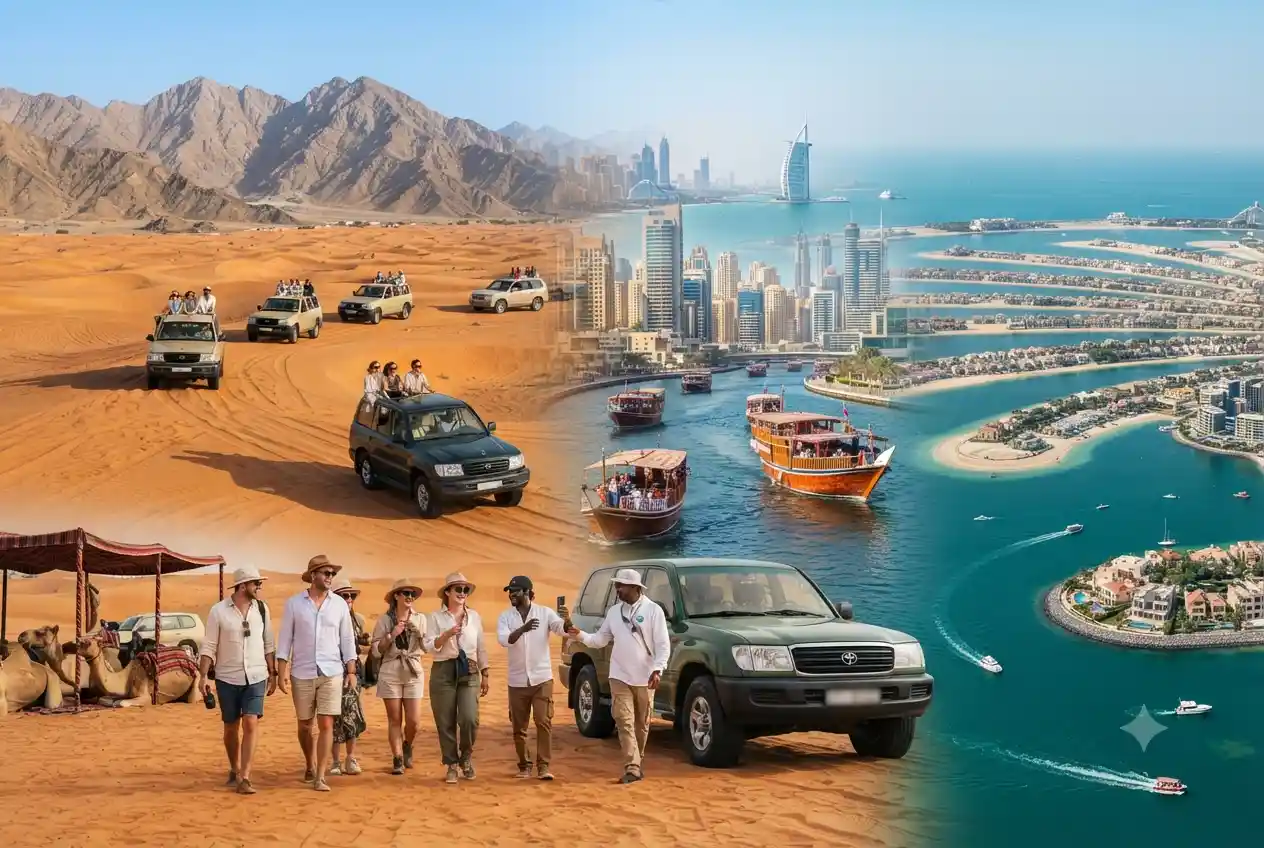 Tourists enjoying popular excursions and day trips in Dubai.