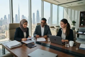 Entrepreneurs registering a company in a Dubai free zone office.