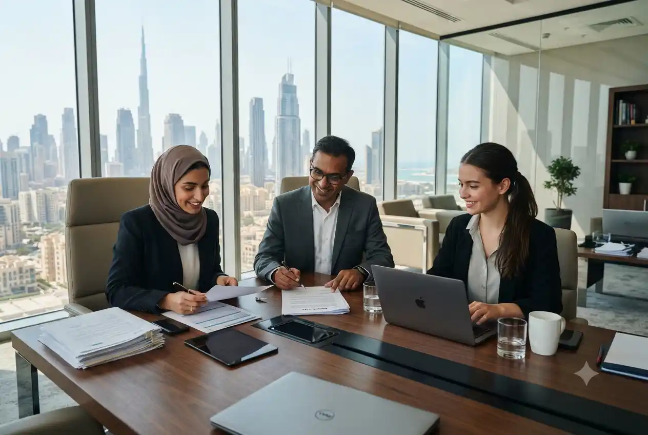 Entrepreneurs registering a company in a Dubai free zone office.