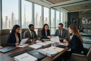 Entrepreneurs reviewing Dubai free zone license costs and business setup documents.
