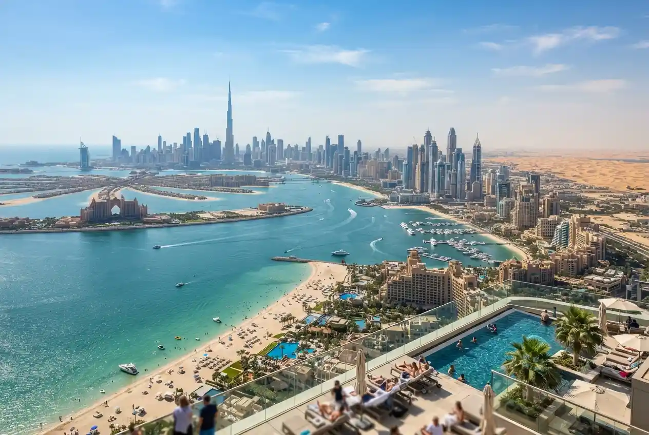 Tourists enjoying a Dubai holiday with iconic skyline and luxury attractions.