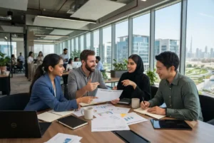 Professionals planning a Dubai Silicon Oasis business setup in a modern technology office.