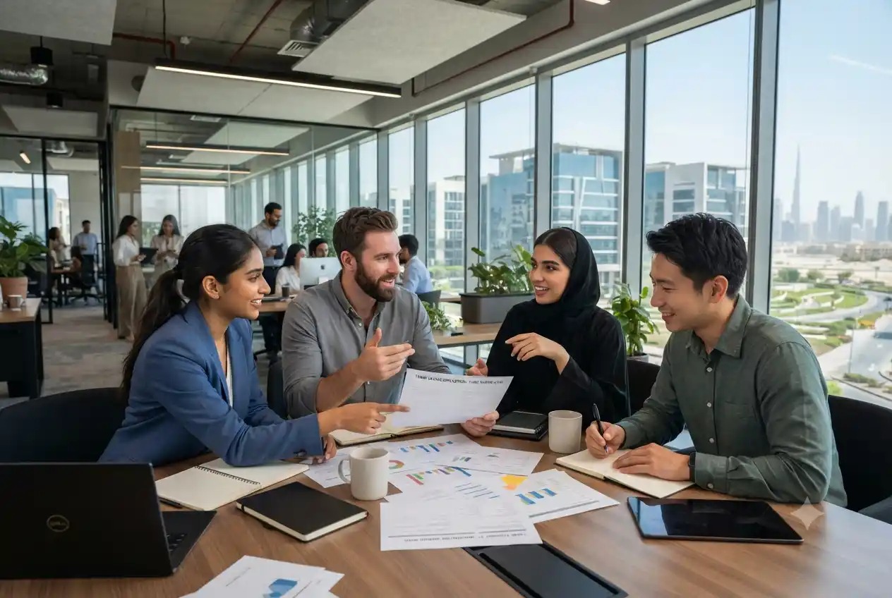 Professionals planning a Dubai Silicon Oasis business setup in a modern technology office.