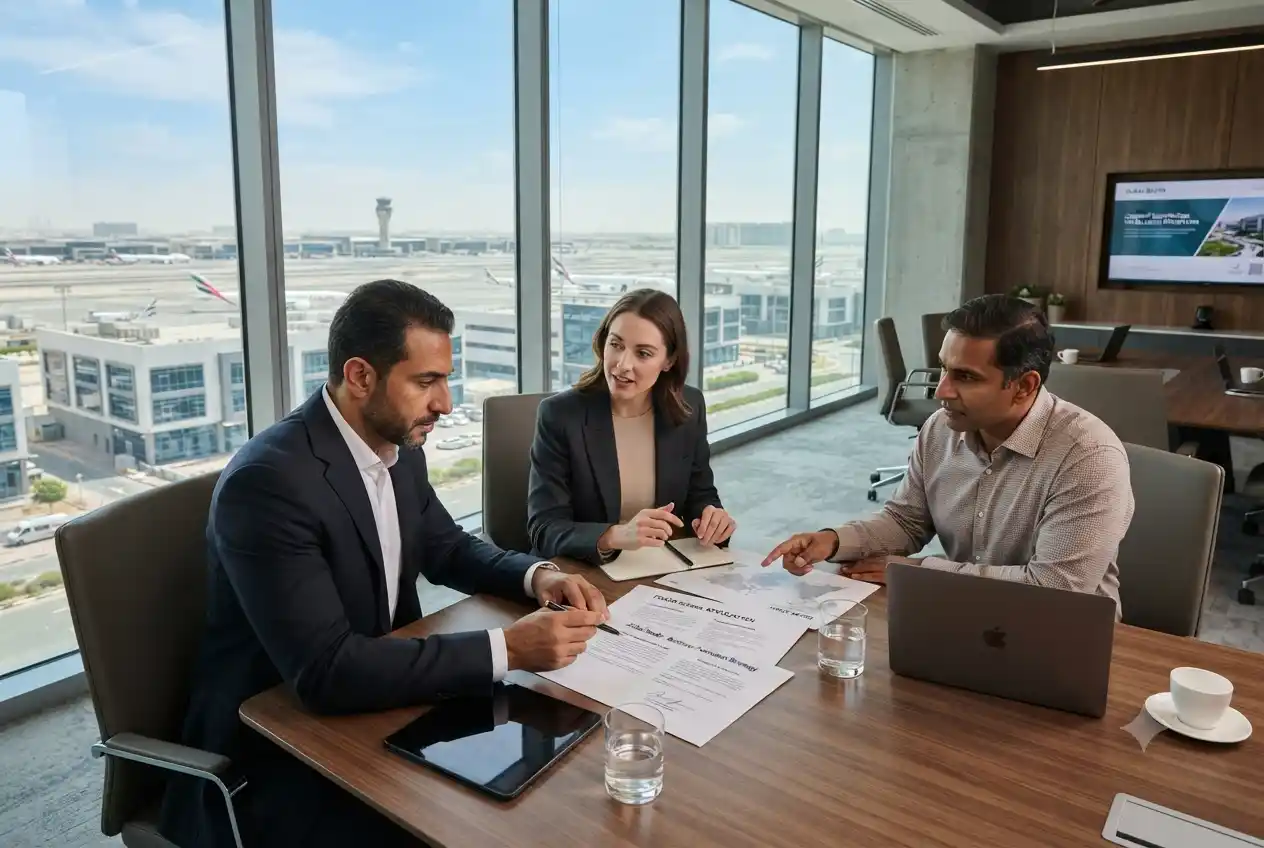 Entrepreneurs planning a Dubai South business setup in a modern office.
