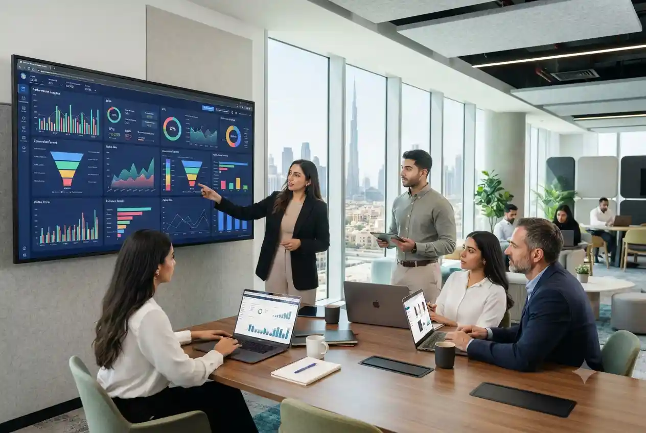 Ecommerce marketing professionals analyzing online store performance in a modern UAE office.