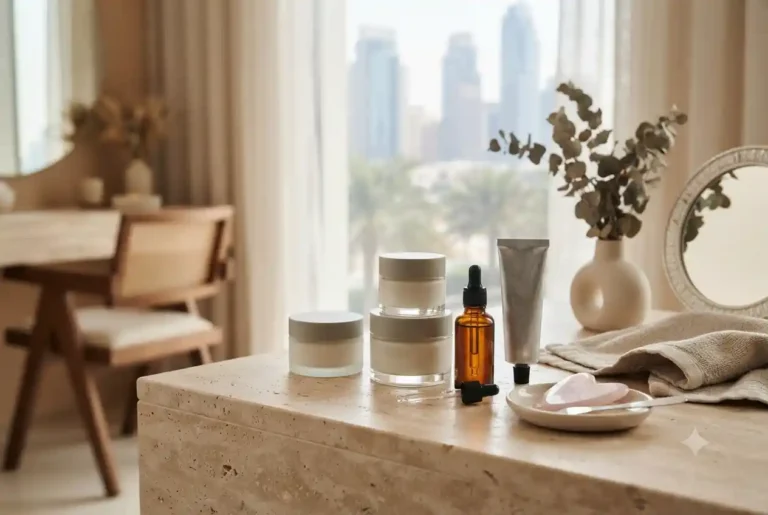 Face beauty cream and skincare products arranged on a modern vanity