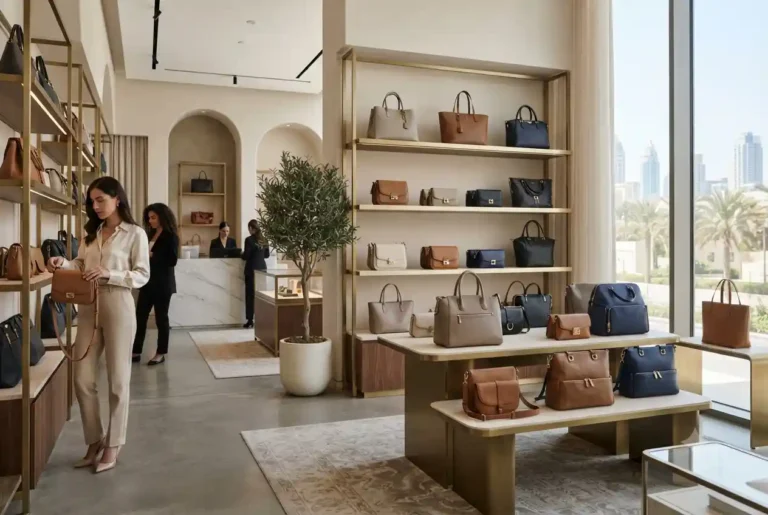 Premium fashion bags displayed in a luxury Dubai boutique