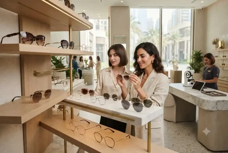 Stylish fashion eyewear and sunglasses displayed in a luxury Dubai optical store