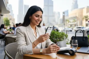 Professional using a free credit card in the UAE for everyday purchases