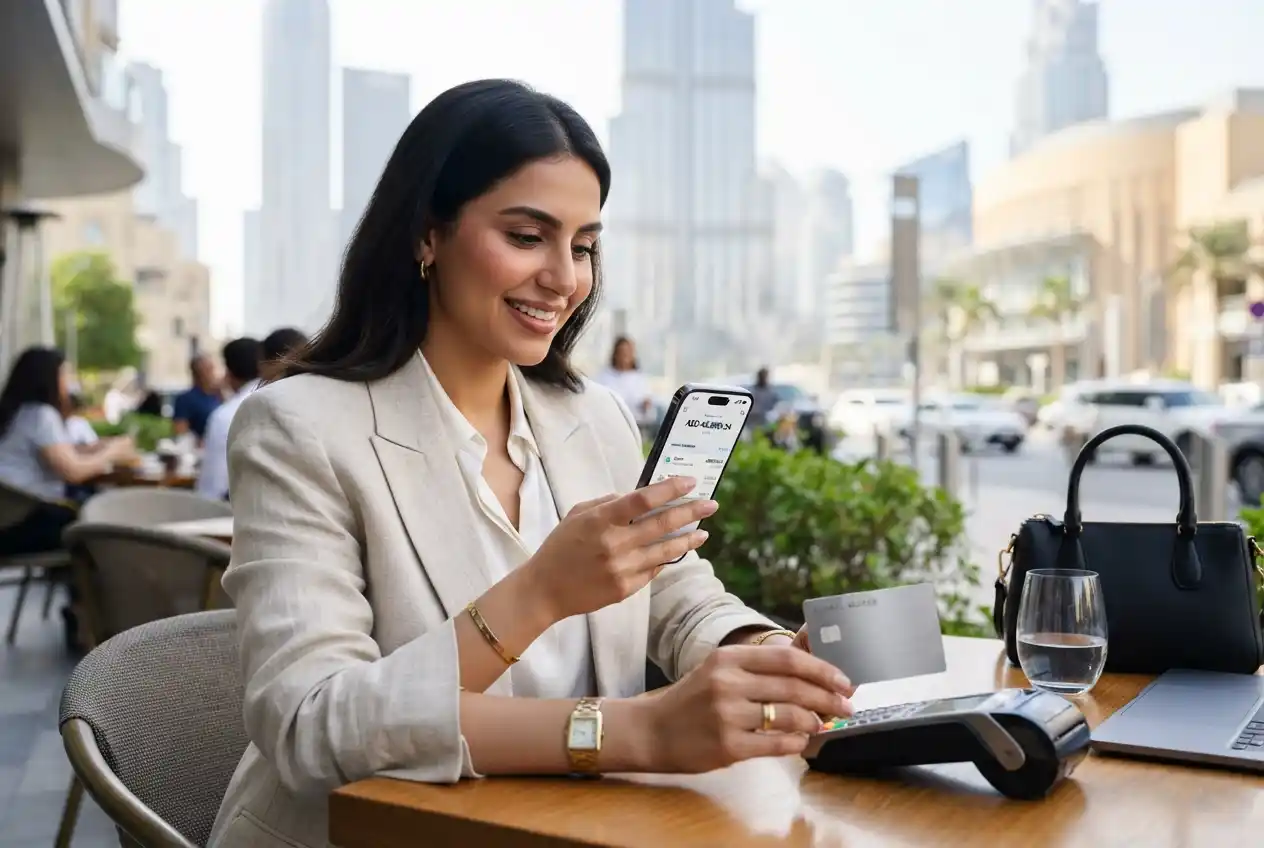 Professional using a free credit card in the UAE for everyday purchases