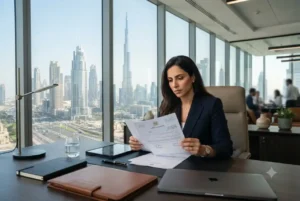Entrepreneur completing free zone company setup Dubai registration in a modern business office.