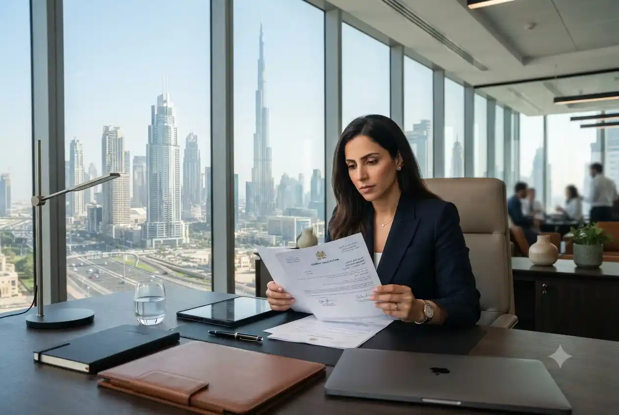Entrepreneur completing free zone company setup Dubai registration in a modern business office.
